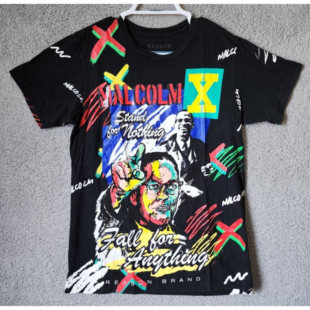 Reason Malcolm X Black "Stand For Nothing" AOP Graphic T Shirt Size Medium